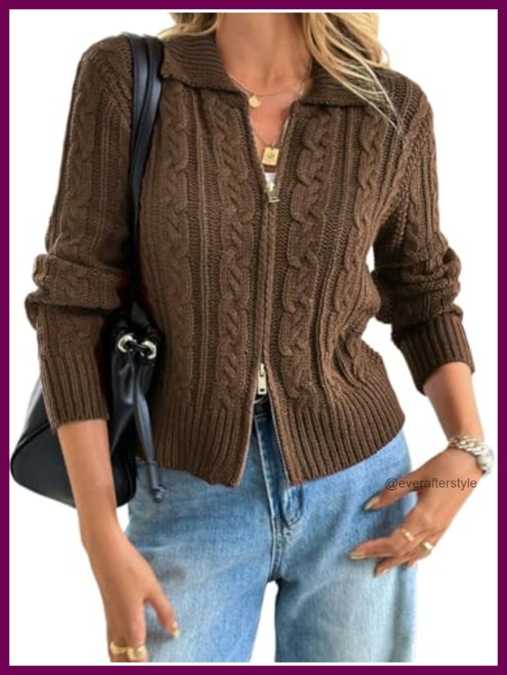 Cable Knit Crop Cardigan Zip Up Sweater Jacket Chunky Y2K Grunge Fall
